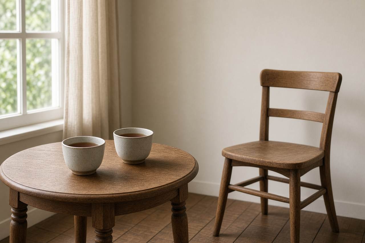 Two cups of tea on a wooden table beside an empty chair