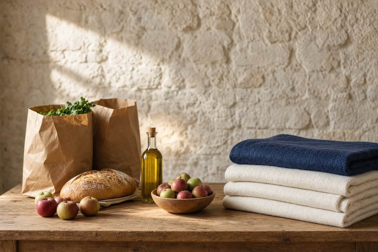 Groceries, bread, and folded blankets arranged on a wooden table