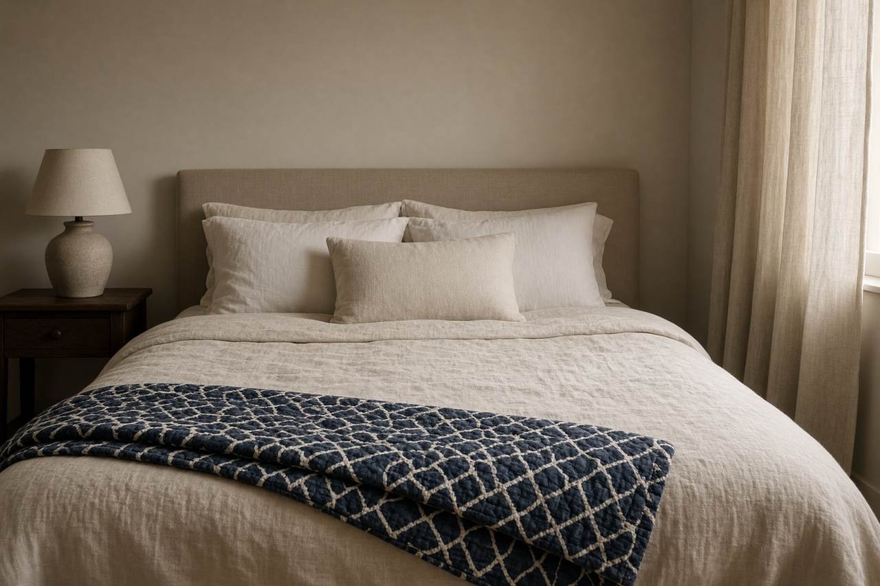 A made bed with folded quilts in a simple room